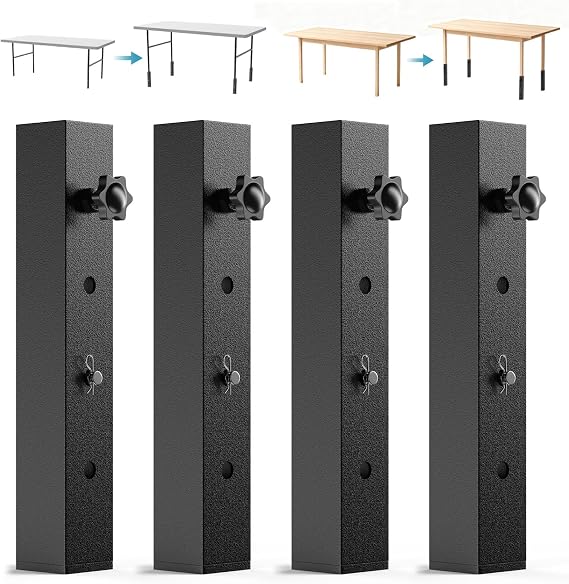 4-Pack Adjustable Folding Table Legs Extenders, Heavy-Duty Steel Furniture Risers with 3-Levels Height Settings 2in | 4in | 6in, Anti-Wobble & Non-Slip Table Leg Extension
