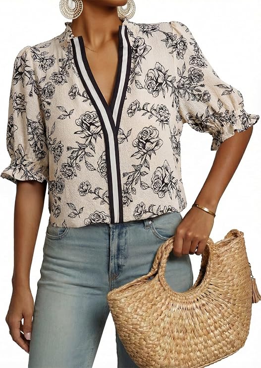 Dokotoo Womens Boho Floral Ruffle Shirt Puff Short Sleeve V Neck Blouse Top | 2026 Summer Fall,Puff Short Sleeve,V Neck,Dressy Casual,Boho Tops,Beach Vacation Tunic,Loose Fit,Flowy Clothes