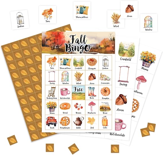Fall Bingo Game Cards, Autumn Bingo Games for Adults, Fall Harvest Bingo Cards Supplies, Thanksgiving Party Birthday Party Bingo Decor Favors, Card Gifts for Friends Family Holiday, 01