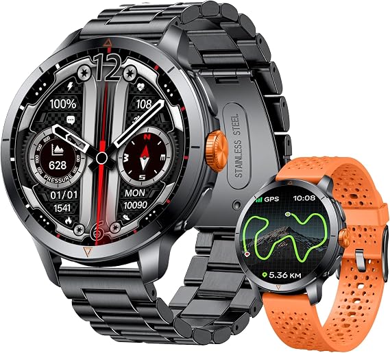 Rugged Smart Watch, 1.6" AMOLED GPS, 5ATM Waterproof - Orange