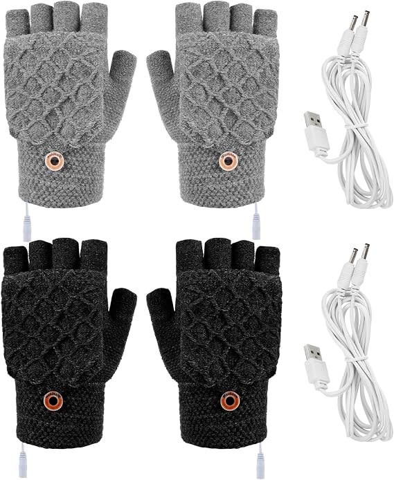 Sintege 2 Pairs Winter USB Heated Gloves Fingerless USB Hand Warmer Electric Hand Warming Gloves with Button Heated Mittens