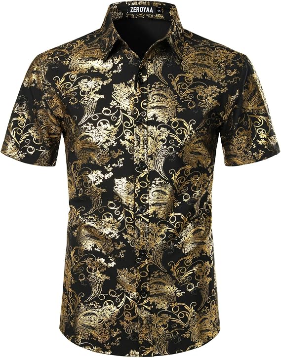 ZEROYAA Men's Luxury Paisley Shiny Printed Slim Fit Short Sleeve Button Up Dress Shirt