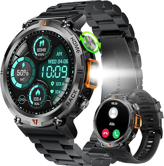 Military Smart Watch for Men with LED Flashlight 1.45" HD Bluetooth Calling