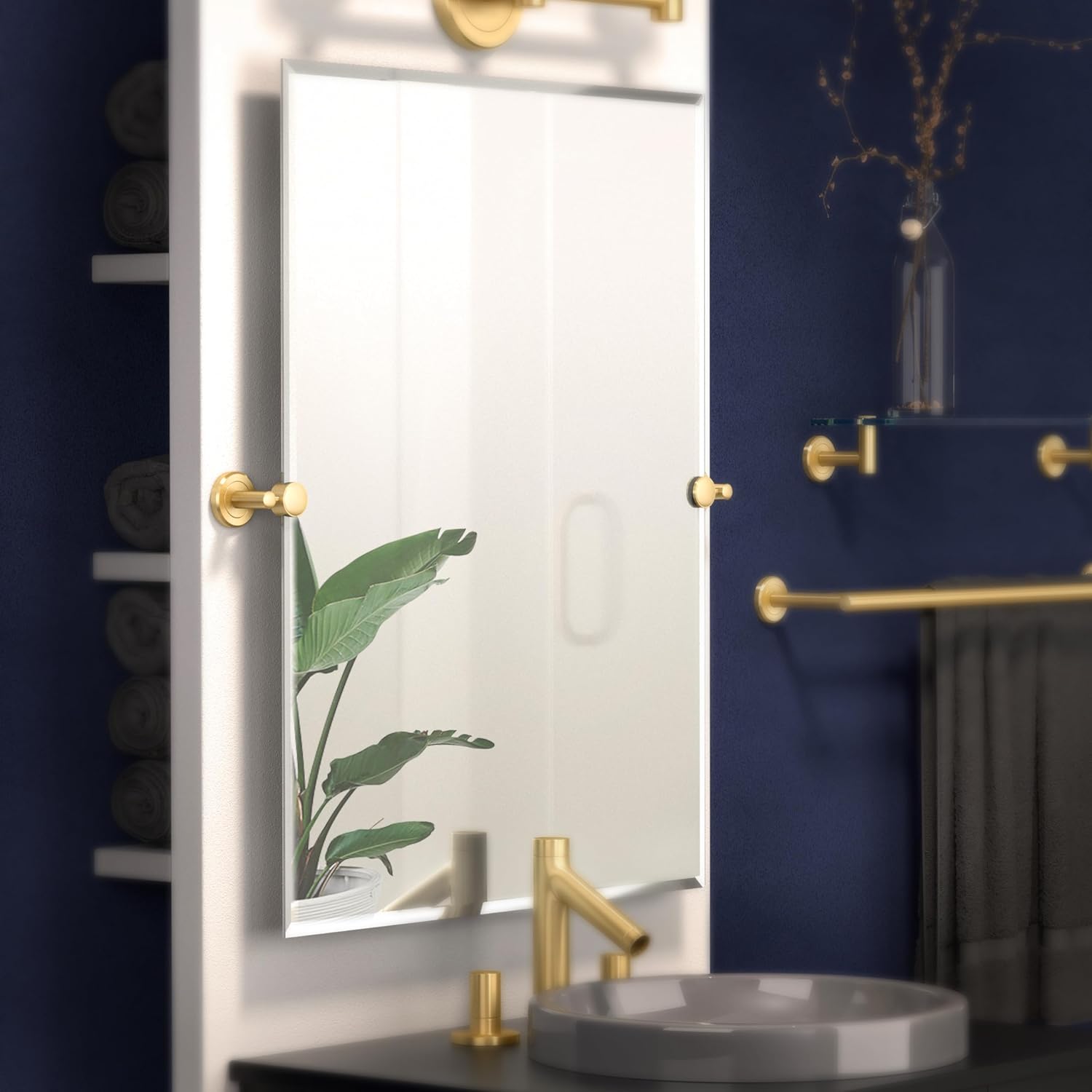 Gatco 4239S Latitude II, Frameless Rectangle Pivot Mirror, 31.5 H, Brushed BrassWall Mounted 31.5 H x 27.50 W Frameless Tilting Beveled Bathroom Vanity Mirror Wth Brushed Brass Brackets