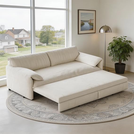 66" Queen Sofa Bed, 3-in-1 Convertible Pull Out Couch, Velvet Couch with Side Pocket, Couch that Turns into Bed, Sleeper Sofa Bed for Living Room, Apartment, Small Space, Beige