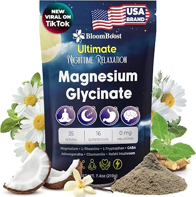 Magnesium Glycinate Powder, Upgraded Formula with Vanilla Coconut Powder, GABA, L-Theanine, Ashwagandha and Chamomile, Natural Berry Flavor - Perfect for Evening Wind-Down & Cozy Nights