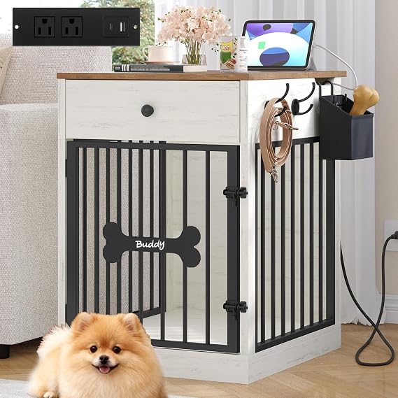 Hzuaneri 24.6'' Dog Crate Furniture with Storage & Power Indoor Dog Kennel