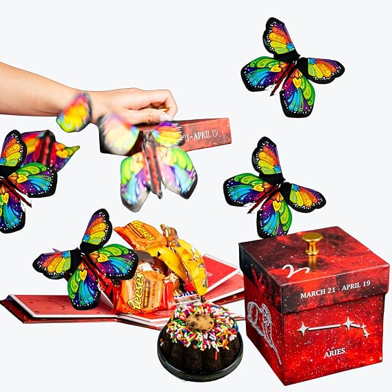 Astrology Aries - No Setup Required Flying Butterfly Surprise Explosion Gift Box by Send A Cake - Delicious 3" Mini Bundt Cakes - Birthday Gift for Women, Men, Adults, Kids & Ideal for All Occasions