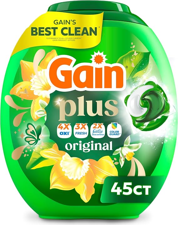 Gain Plus Flings Liquid Laundry Detergent Pacs, Gain's Best Clean, All-In-One, Original Scent, 45 Count