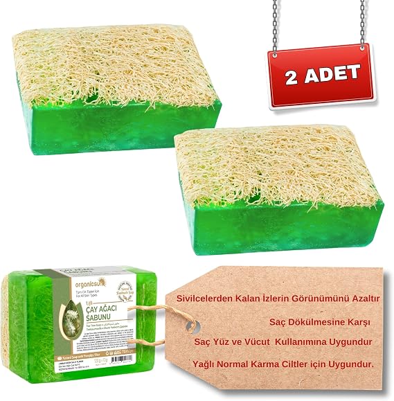 Doğal Kabak Lifli Çay Ağacı Sabunu 120 Gr x 2 Adet Tüm Cilt Tipleri İçin Sivilce ve Siyah Nokta Karşıtı