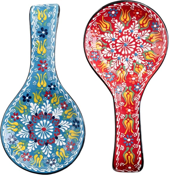 Ceramic Spoon Rest for Stove Top & Kitchen Counter, 9" Hand-Painted (2 PCS)