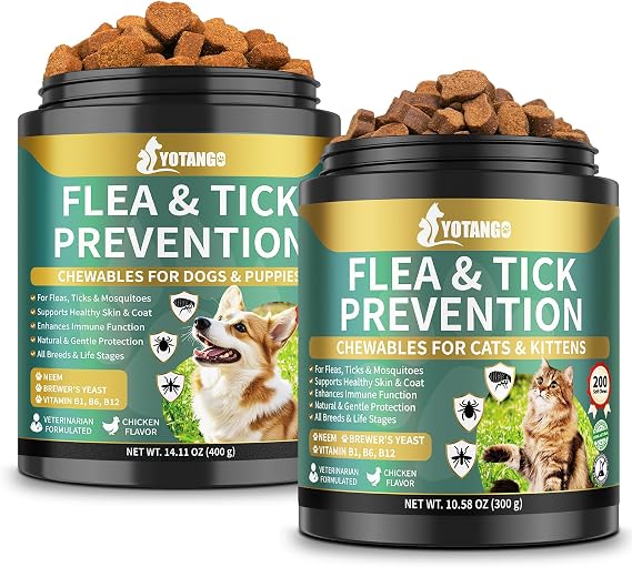 YOTANGO Natural Flea & Tick Support Chews for Cats & Dogs, 2-Pack Bundle for Natural Flea Prevention & Skin Health, 400 Chews Total, Safe & Effective, Plant-Based Formula for All Breeds