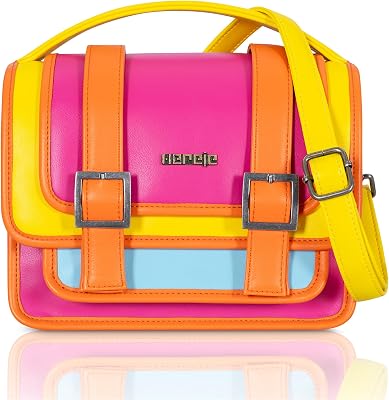 HEREJE Womens Colorful Crossbody Bag Retro Pop Multicolor Vegan Leather Purse Small Shoulder & Top Handle Handbag with Adjustable Strap Yellow Pink Orange Light Blue