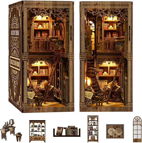 Book Nook Kit for Adult,3D Wooden Puzzles Bookshelf Insert Decor | Book Nook Kit with LED Light for Adults,Book Nook Kit Gifts for Family, Friends DIY Miniature House Kit