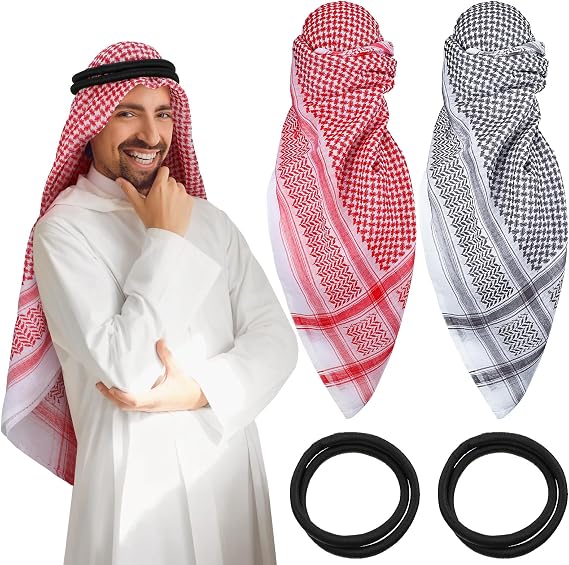 Funtery 2 Pcs Arab Shemagh Muslim Keffiyeh Head Scarf for Men with Lgal Aqel Rope Arab Costume Halloween Costume Accessories