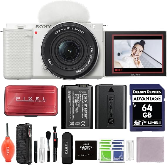 Sony ZV-E10 Mirrorless Camera with 16-50mm f/3.5-5.6 II Lens (White) Bundle with Extra Battery, 64GB SD Card, and More Additional Accessories