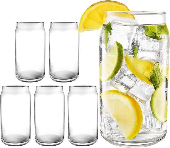 16 oz Can Shaped Glass Cups, Set of 6 Beer Can Glasses, Aesthetic Soda Can Cup Clear Glass Tumbler Beer Glasses, Tall Cocktail Drinkware Cute Cups, Cool Drinking Glasses for Kitchen, Modern Glassware