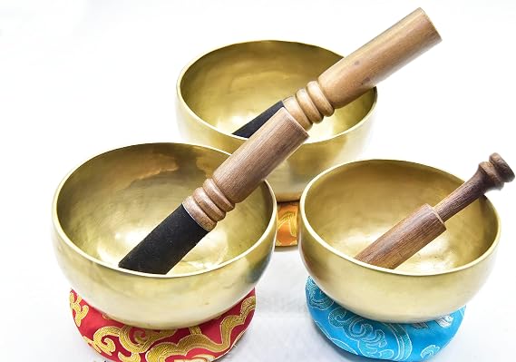Chakra Healing Tibetan Singing Bowls Set of 3 pieces ~ Hand Hammered Himalayan Yoga Meditation Bowls - 4.5" to 5.5" - included 3 Mallets, and 3 cushions. Handmade in Nepal