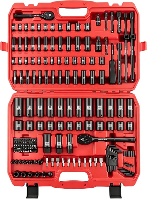 LLNDEI 1/4 & 3/8" Drive Impact Socket Set 186Pcs SAE/Metric