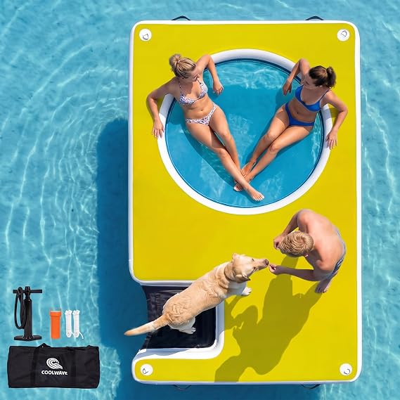 COOLWAVE Inflatable Dock with Dog Ramp 10x6FT Floating Dock with Mesh