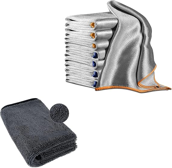 Airlab Microfiber Cleaning Cloths Polishing Windows Glass Lint Free Rags, Pack of 8 and Microfiber Towels for Cars Drying Super Absorbent Cleaning Cloth, Pack of 1