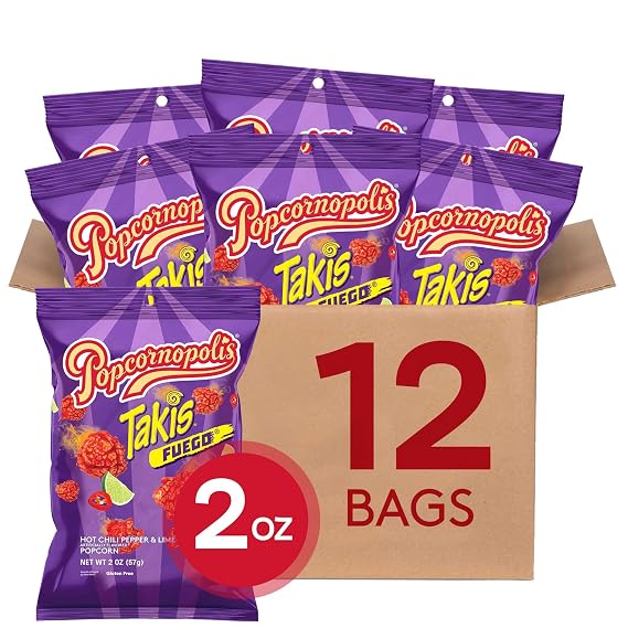 Popcornopolis Fuego Takis 12 ct, 2 oz Case, Hot Chili Pepper & Lime Flavored Extreme Savory Popcorn