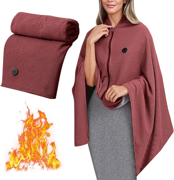 portable heated shawl with USB Waffle Knit Zip Up shawl Warps heated blanket Soft Fast Heating three temp settings
