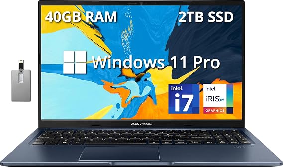 ASUS VivoBook 15.6" Touchscreen FHD Laptop, 12th Gen Intel Core i7-1255U, 40GB RAM, 2TB PCIe SSD, Intel Iris Xe Graphics, Backlit Keyboard, WiFi 6, Windows 11 Pro, Quiet Blue, 32GB Hotface USB Card
