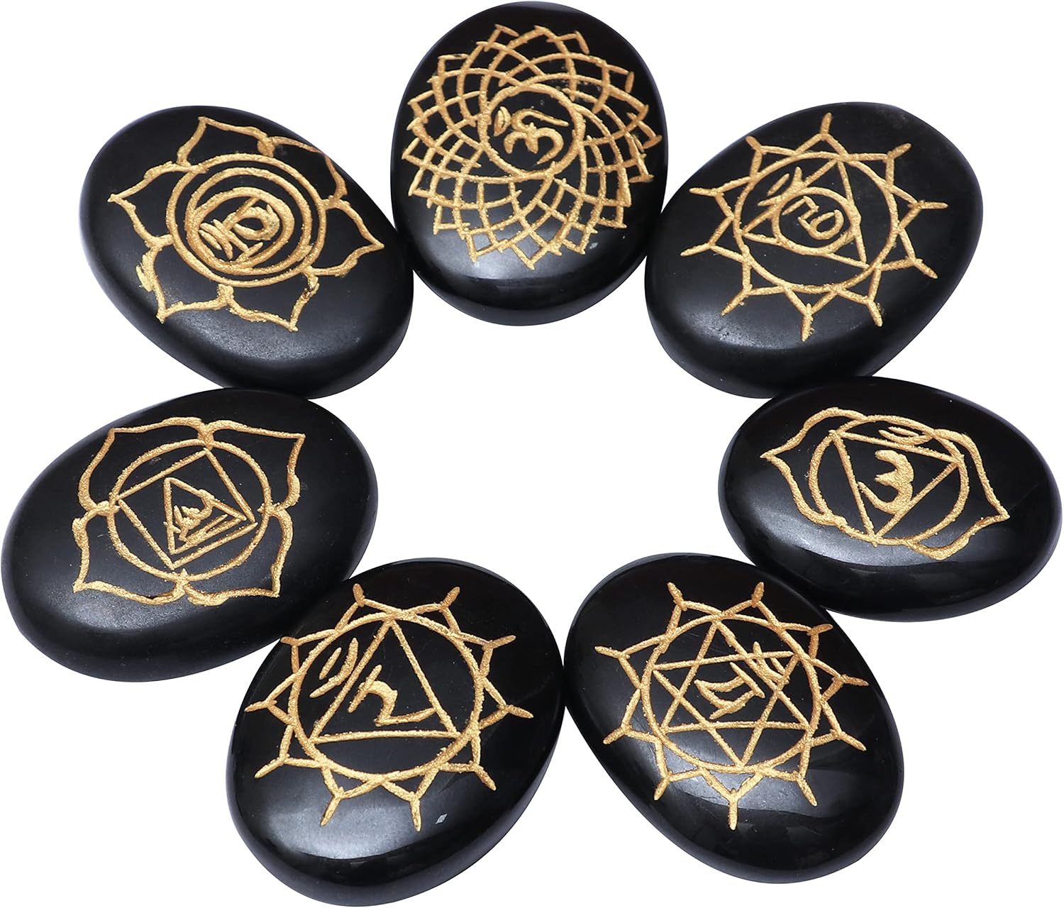 Crocon Black Agate Gemstone 7 Pcs Engraved Oval Shape 7 Chakra Symbol Stones for Reiki Healing Chakra Stone Balancing Crystal Cleansing Spiritual Money Good Luck Gift Home Decor Size: 20-25 mm