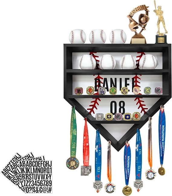 Baseball Display Case, Baseball Holder Display Case, Wooden Baseball Ring Holder, Wall Mount Baseball Display Cases for Balls, Medals and Name Tags, Black