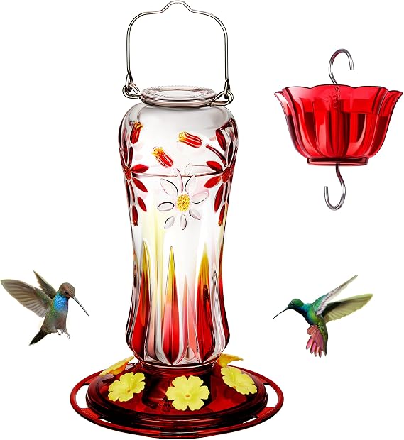 Kingsyard Glass Hummingbird Feeders for Outdoors Hanging, 25 oz Leak Proof Hummingbird Feeder with Ant Moat & 6 Bee Proof Feeding Ports, Red