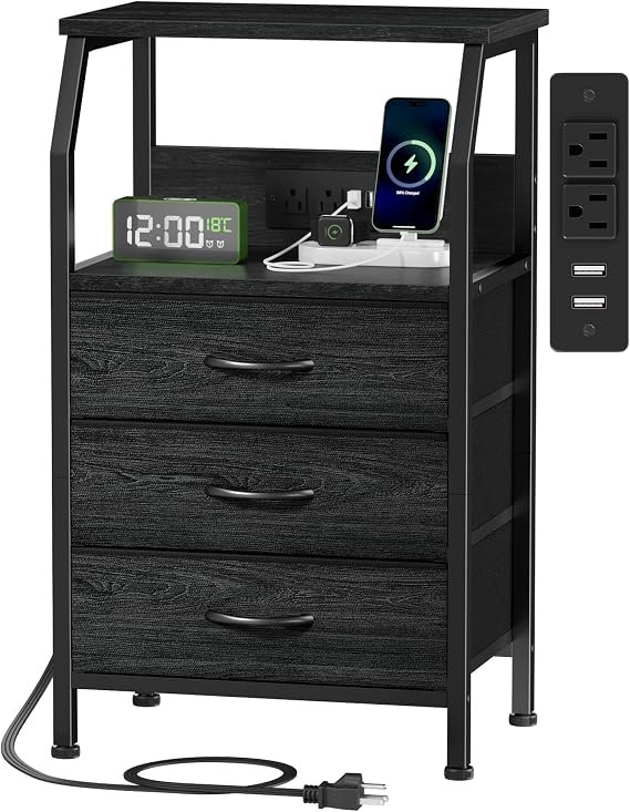 Furnulem Night Stand with Charging Station, 3 Drawers Bedside Table, Black