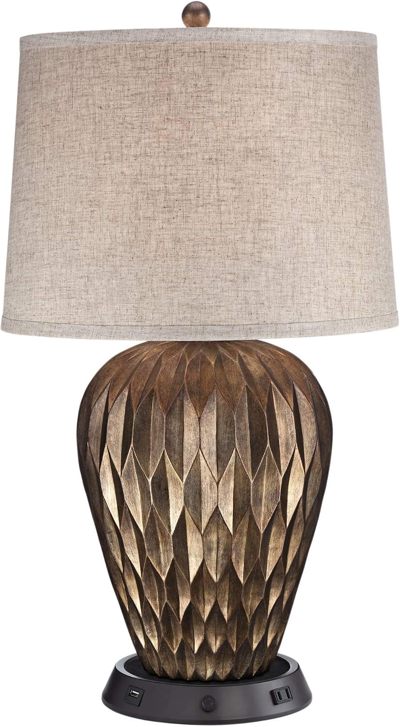 Possini Euro Design Buckhead Modern Table Lamp with Dimmable USB Workstation Charging Base Geometric 28 Tall Bronze Tapered Fabric Drum Shade for Living Room Bedroom House Bedside Nightstand Home