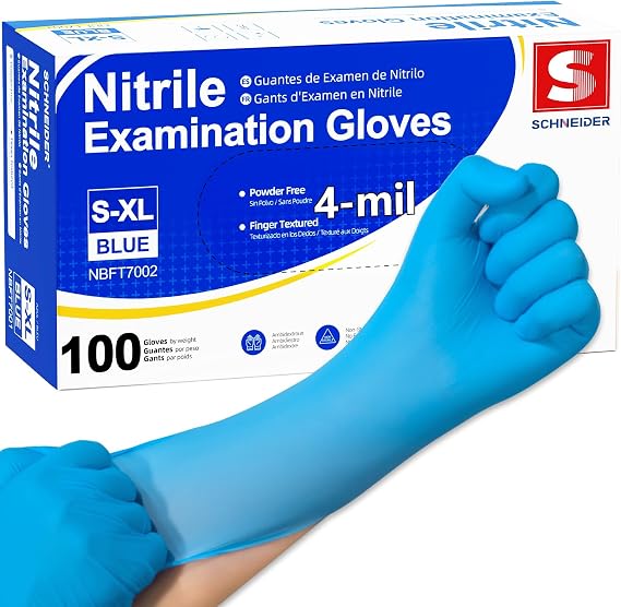Schneider Medical Nitrile Exam Gloves, 4 mil, Powder-Free, Latex-Free, Disposable Gloves for Cleaning and Food Prep