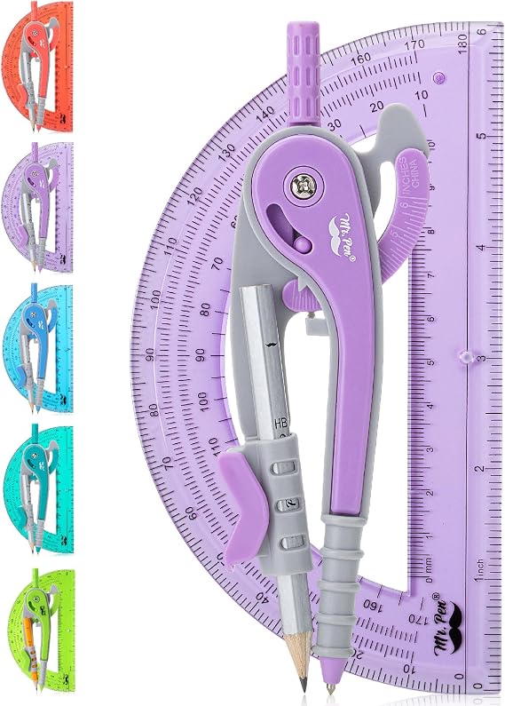 Mr. Pen- Geometry Compass and Protractor Set, 6 Inch Compass | 6 Inch Protractor, Drawing Tool for School, Clear Plastic, Easy Grip, Precision Design for Math, Art, Drafting, Architecture