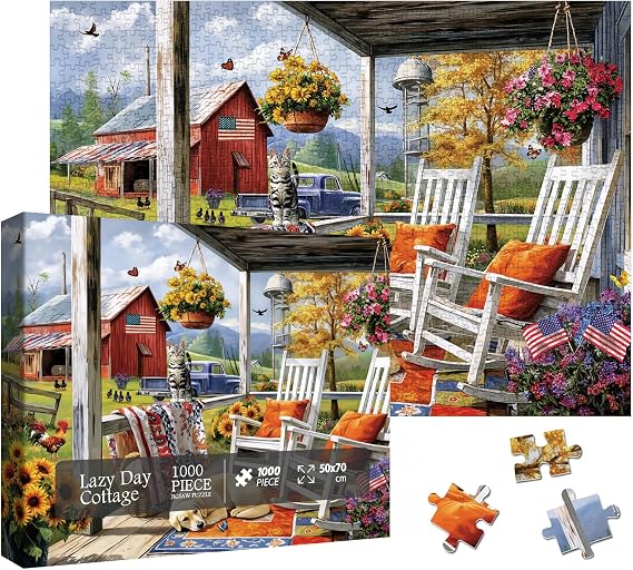 Beautiful Country Cottage Puzzles for Adults 1000 Pieces, Colorful Flower Landscape Jigsaw Puzzle, Impossible Dog Cat Art Puzzles
