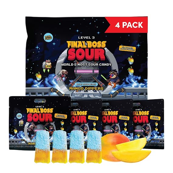 Final Boss Sour Fruit Candy, Dried Mango Blue Raspberry Dip Level 3, 4 Pack