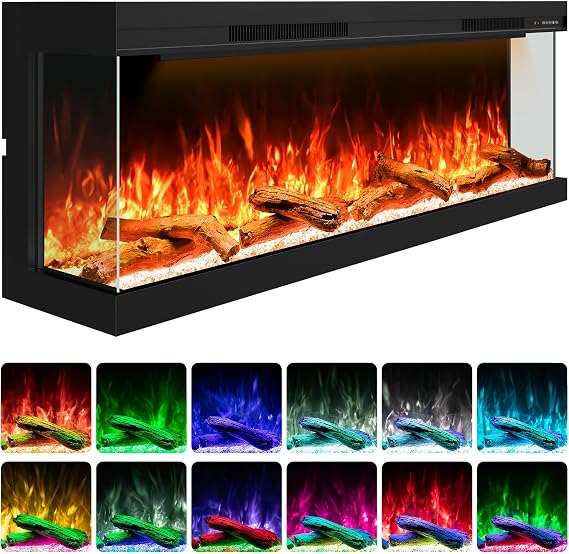 50" 3 Sided Electric Fireplace Inserts, Smart 3D Built-in Linear Fire Place, Multi-Color of Combinations, APP & Remote Control, Heater 1500W,Cracking Sound, 9H Timer, Crystal & Log