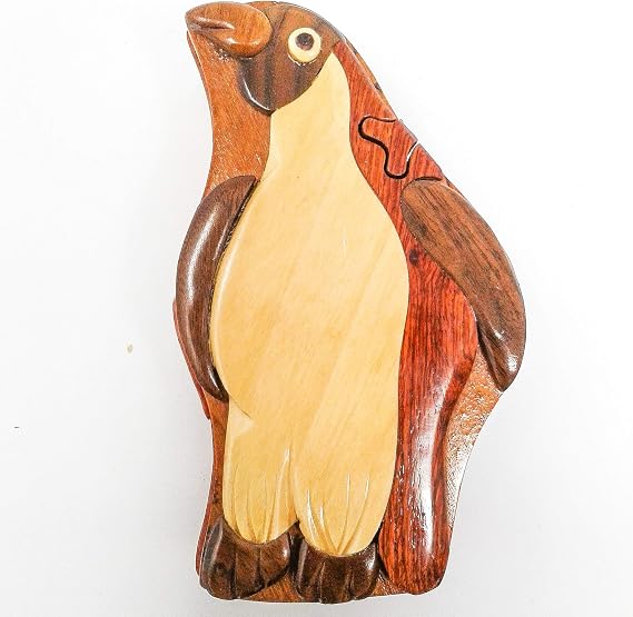 Penguin Wood Puzzle Box - Handcrafted Hardwood Felt Lined Box with High Gloss Finish - Custom Engraving Available