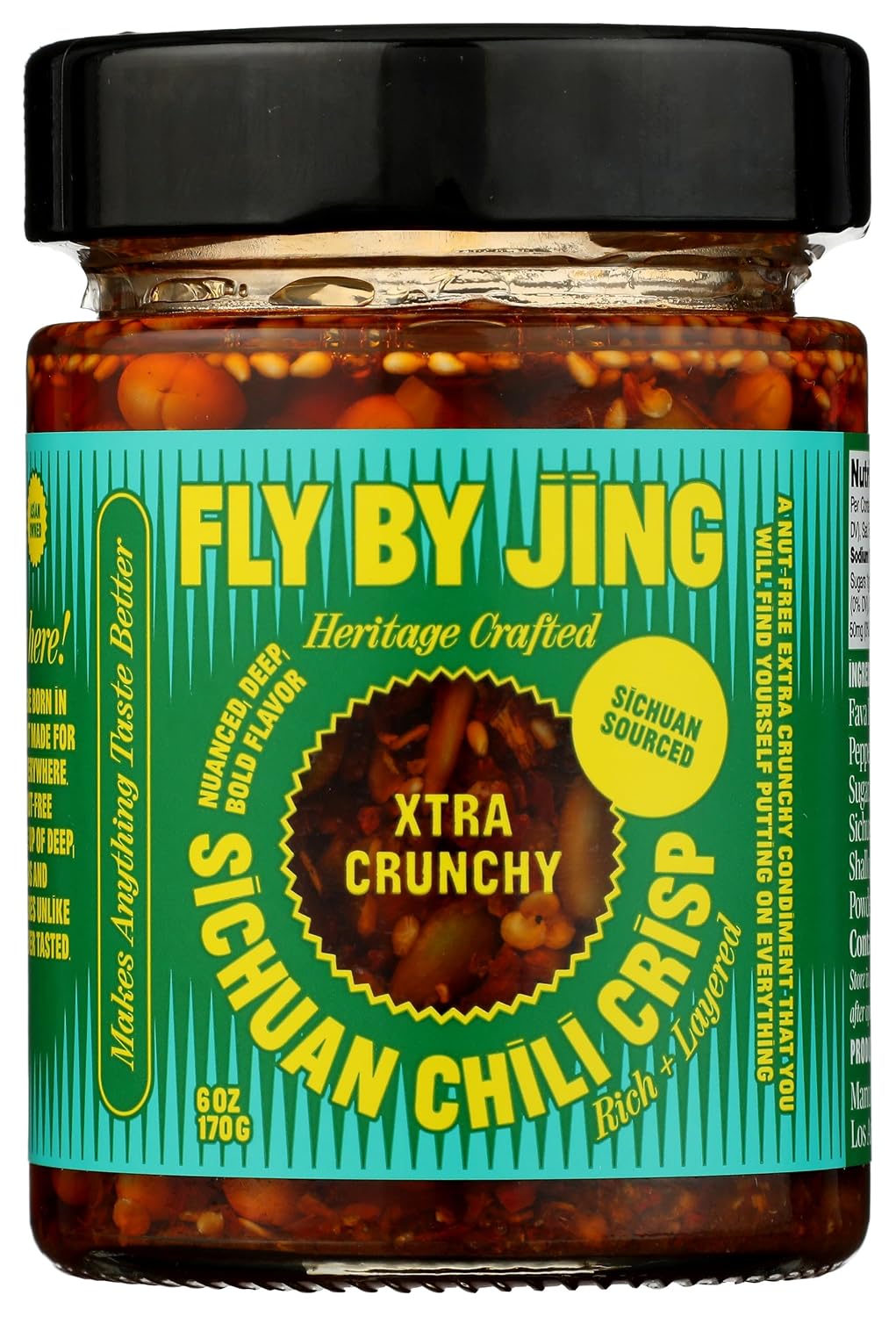 FLYBYJING Chengdu Crunch - Premium Spicy Savory All-Natural Vegan Chili Oil - Extra Crunchy Hot Sauce, Good on Everything, Sugar Free - 6oz Pack of 1
