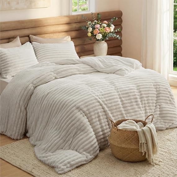 Bedsure King Fluffy Comforter Set, Cozy Fleece Linen Bedding