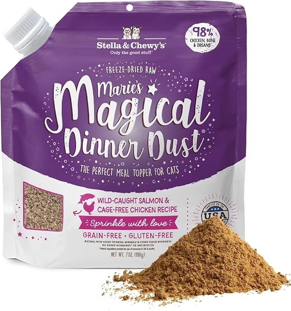 Stella & Chewy's Freeze-Dried Raw Cat & Kitten Food Topper - Magical Dinner Dust - Premium Wild-Caught Salmon & Cage-Free Chicken - Grain-Free, Protein-Rich - Perfect for Picky Eaters - 7 oz