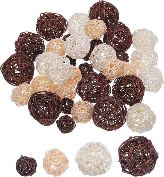MECCANIXITY 36 Pcs Vase Filler Decorative Balls, 2.4/2/1.6/1.2" Dark Brown/White/Beige/Coffee Wicker Rattan Decor, Balls Bowl Fillers for Home Decor,Center Table