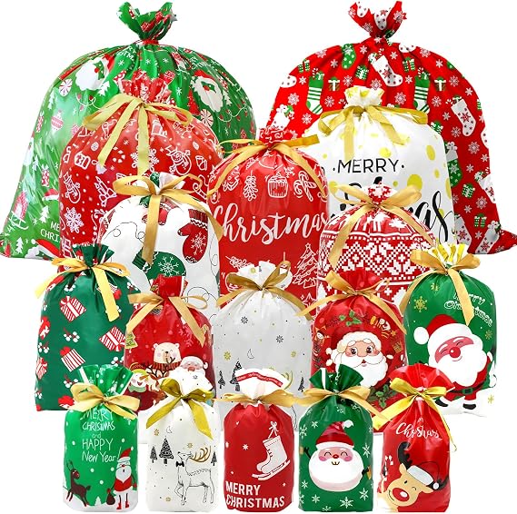 Pseutio 42 PCS Christmas Drawstring Gift Bags Assorted Sizes Drawstring Christmas Bags for Gifts with Rope for Xmas Holiday Presents Party Favor