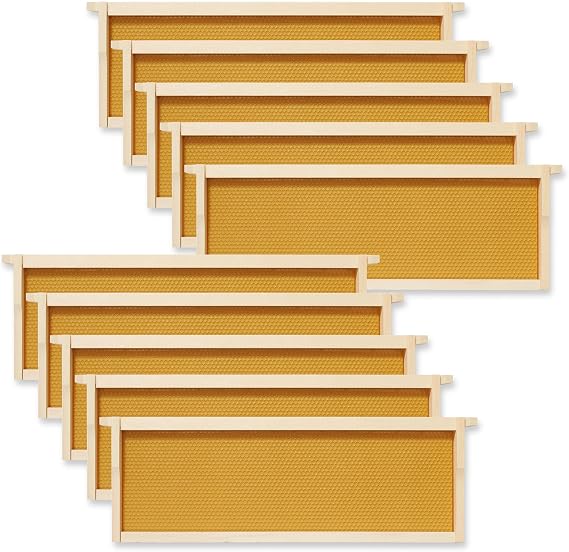 Honey Keeper 10-Pack Unassembled Beehive Frames with Natural Beeswax Foundations for Beekeeping, Medium Super - 6-1/4 inch Yellow