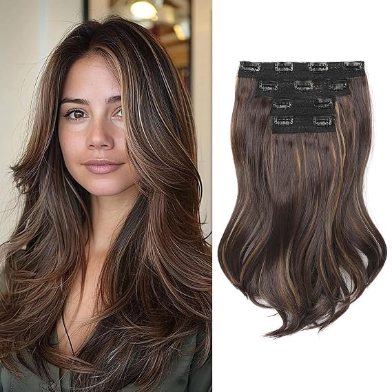 NTYNTY Clip in Hair Extensionss, 4PCS Hair Extensions 14" Short Layered Cut Hair Extensions Invisible Lace Weft Natural Soft Hairpieces for Women - Dark Brown with Highlights