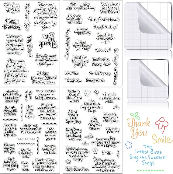 Chinco 4 Sheet Sentiments Rubber Clear Stamps Set for Card Making and DIY Scrapbooking Journaling 2 Acrylic Stamp Blocks with Grid Lines for Valentine Birthday Wedding Wife Husband Anniversary Card