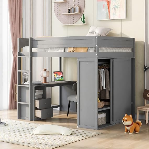 VilroCaz Modern Full Size Loft Bed with Sliding Door Wardrobe and 2-Drawer Desk, Solid Wood Loft Bed Frame with Safety Guardrail for Kids Teens Adults, Space-Saving Design (A+Gray)