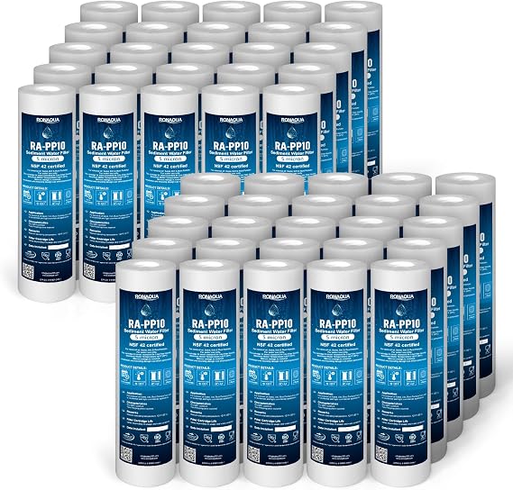 Ronaqua 5 Micron Sediment Water Filter Cartridge 10"x2.5", NSF Certified, 4-Layer Filtration for any 10-inch RO Units & Whole House Systems, Compatible with Culligan P5, AP110, WHKF-GD05, 50 Pack