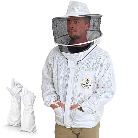Ventilated Bee Jacket for Men and Women with Gloves and Detachable Round Veil, 3-Layer Beekeeping Jacket, YKK Brass Zippers (2XL)